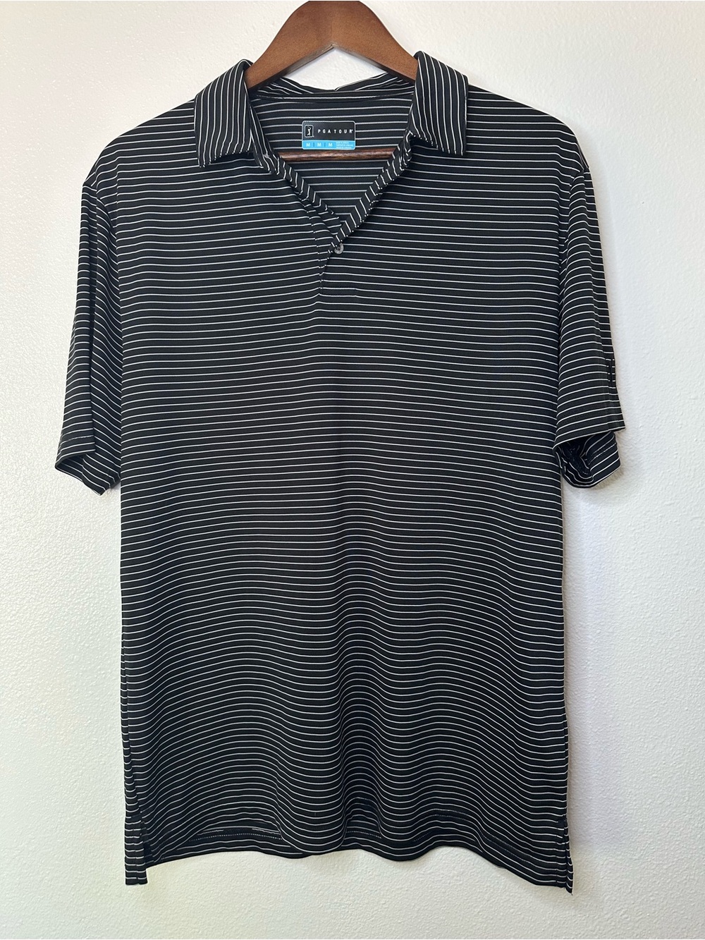 PGA Tour Black & White Thin-Striped Short-Sleeve Polo